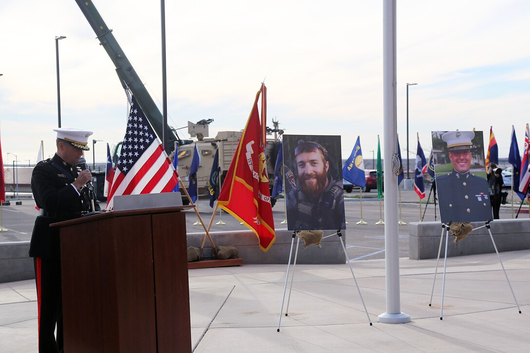 Maj. Gen. Mark A. Clark, commanding general of Marine Corps Forces Special Operations Command, address the families of both Staff Sgt. Sky Mote and Capt. Matthew Manoukian, and all Marines present during a Navy Cross presentation ceremony, held at the 1st Marine Special Operations Battalion headquarters Camp Pendleton, Calif., Jan. 18, 2014.  Mote and Manoukian were awarded the Navy Cross, posthumously, for their heroic and selfless actions during Operation Enduring Freedom.  