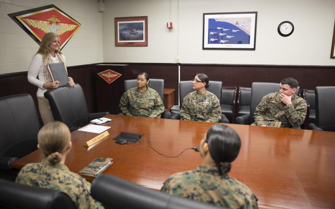 Stacey Willis, sexual assault response coordinator, 3rd Marine Aircraft Wing, introduces the new sexual assault prevention training to volunteers aboard Marine Corps Air Station Miramar, Calif., Jan. 21. Volunteers from 3rd MAW will train to act out different scenarios to give a more real experience for target audiences receiving sexual assault prevention training.