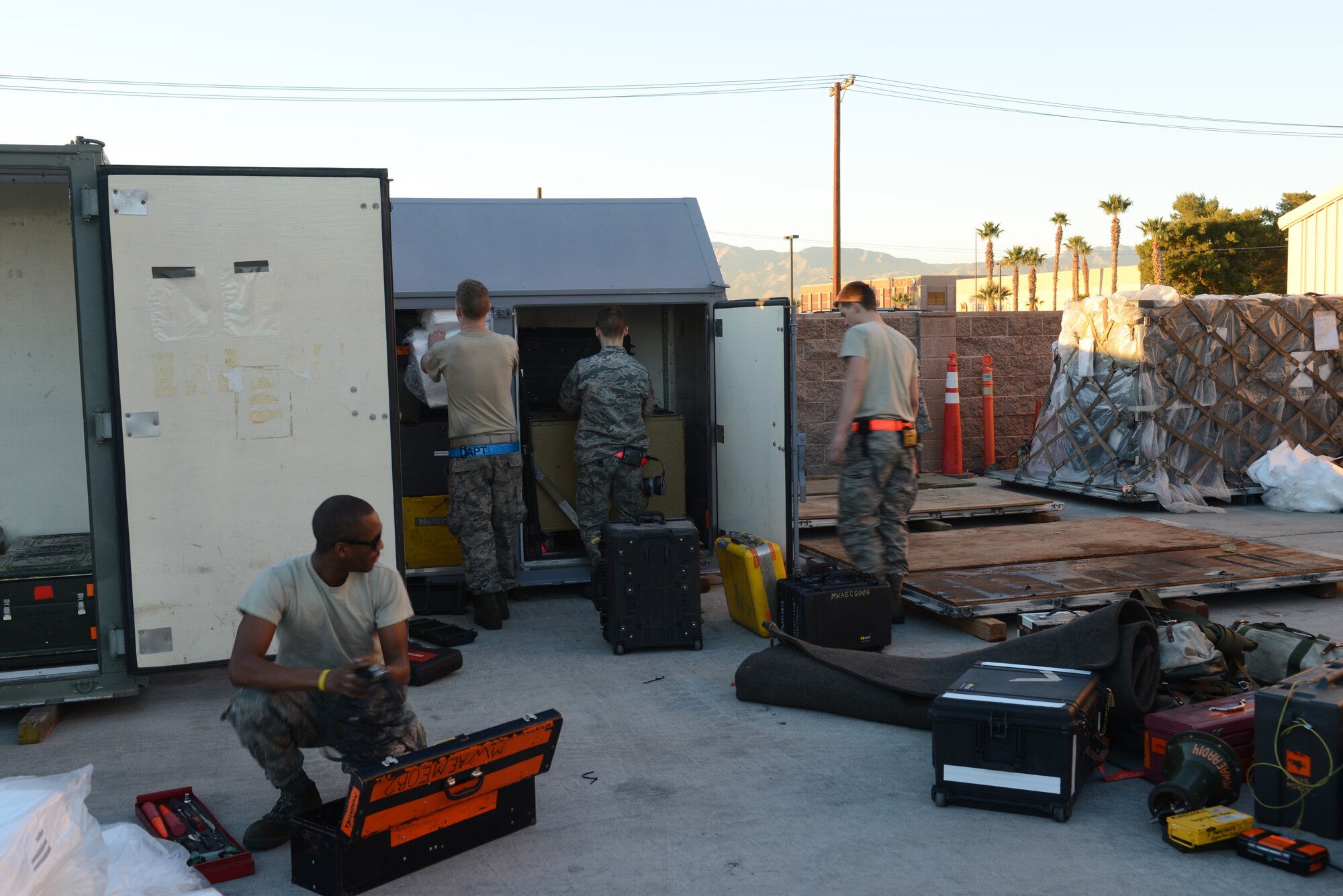 Members of the 366th Fighter Wing inventory equipment in preparation for Red Flag 14-1, Jan. 22, 2013, at Nellis Air Force Base, Nev. Red Flag is a realistic combat training exercise involving the air forces of the United States and its allies. (U.S. Air Force photo by Senior Airman Benjamin Sutton/Released)