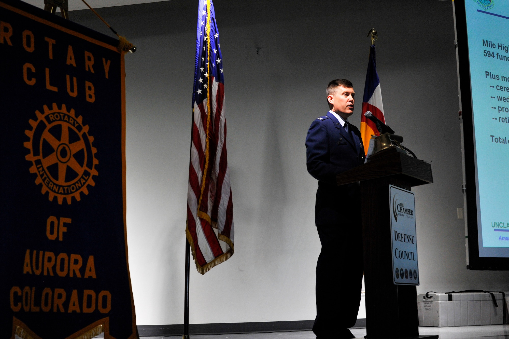 Col. Dan Wright, 460th Space Wing commander, speaks to the crowd during the annual State of the Base address Jan. 22, 2014, at the Paul Beck Recreation Center in Aurora, Colo. During the speech, Wright discussed successes and challenges met in 2013, and current and upcoming events for Team Buckley. He also addressed the base’s economic impact to community leaders, Aurora Rotary and Aurora Chamber of Commerce.