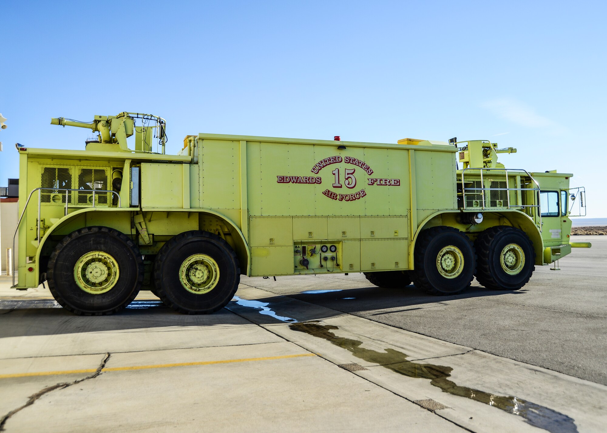 This Edwards AFB Fire Department P-15 Aircraft Rescue and Fire Fighting vehicle is the last operational vehicle of its kind in the Air Force. It carries 6,000 gallons of water and foam. (U.S. Air Force photo by Rebecca Amber)