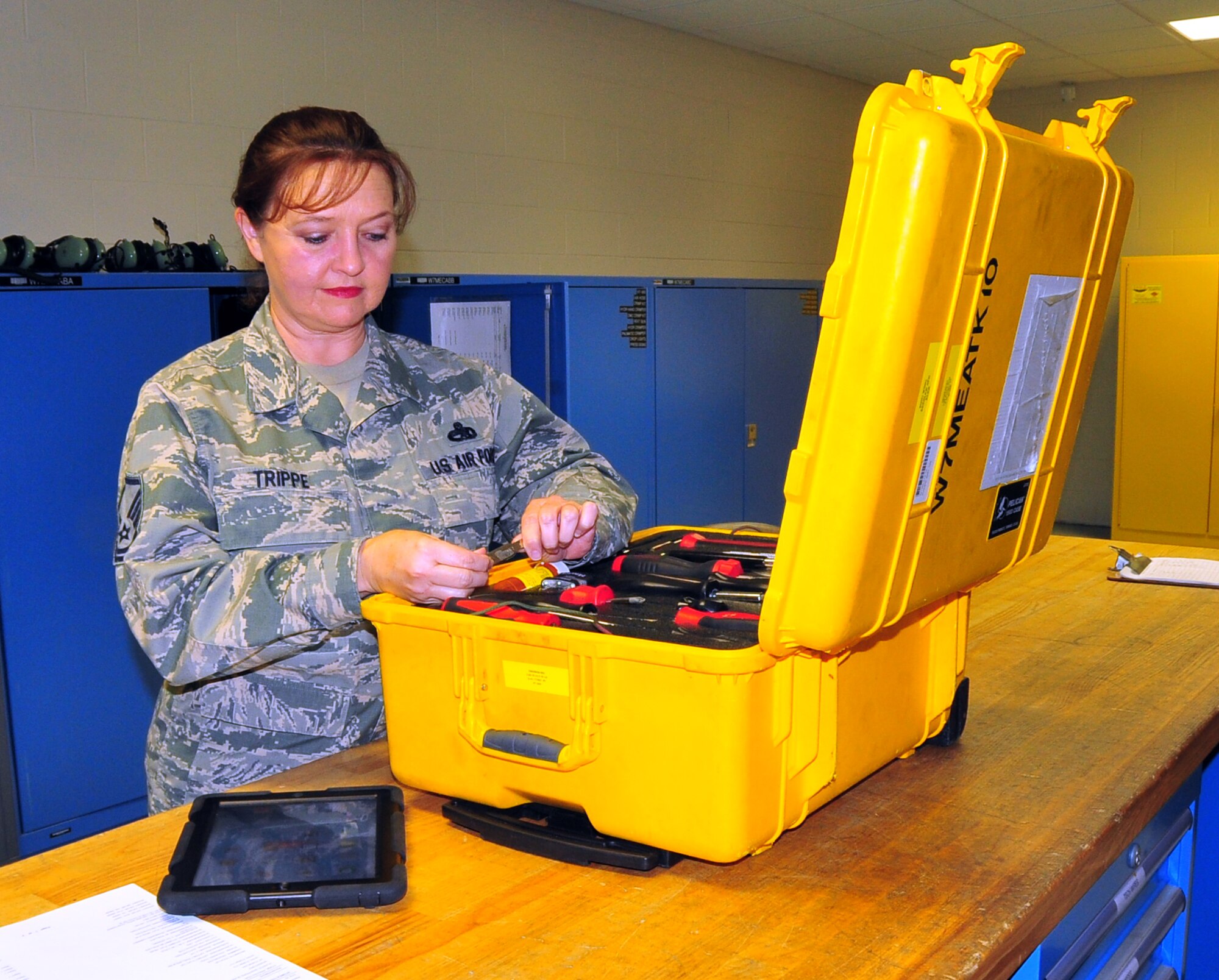 Master Sgt. Delphia A. Trippe, 403rd Maintenance Group Quality Assurance chief inspector, inspects a consolidated tool kit that's used to perform aircraft maintenance at Keesler Air Force Base, Miss. The master sergeant is the 2013 Chief Master Sgt. Charles R. Gaffney Award recipient.(U.S. Air Force photo/Maj. Marnee A.C. Losurdo) 