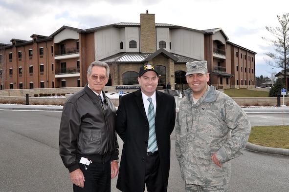 YOUNGSTOWN AIR RESERVE STATION, Ohio – Air Force Reserve Col. James Dignan (right), commander of the 910th Airlift Wing; Mayor John McNally (center), of the nearby City of Youngstown; and Judge Robert Milich (left), the presiding judge of Youngstown’s Veteran’s Treatment Court, stand in front of the Eagle’s Nest Lodge during the mayor’s installation visit here, Jan. 17, 2014. Judge Milich, who is also secretary of the Youngstown Air Reserve Base-Community Council and a retired Air Force Reserve 910th-assigned lieutenant colonel, contacted the unit to see if the mayor could visit YARS to learn more about the wing’s mission and the installation’s features firsthand as well as meet some of the Citizen Airmen assigned here.