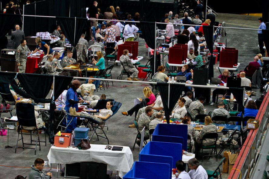 U.S. Army soldiers and U.S. Air Force airmen from the New Jersey National Guard donate blood at the Super Community Blood Drive at the Sun National Bank Center in Trenton, N.J. on Jan. 14.  The event was created to help alleviate a severe blood shortage in the state of N.J.  (U.S. Air National Guard photo by Tech. Sgt. Matt Hecht/Released)