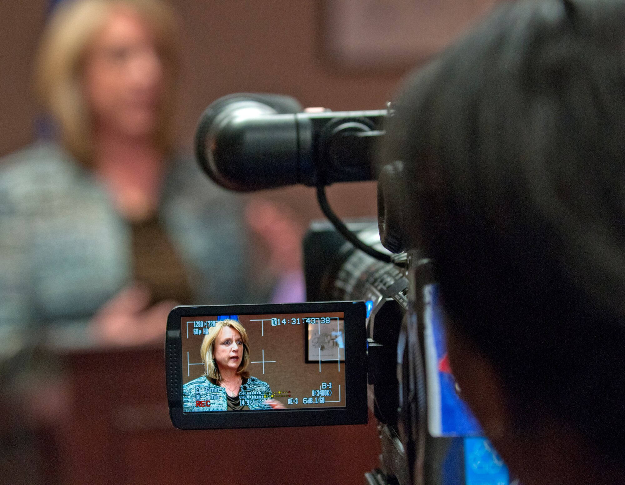 140121-F-JW079-242 Secretary of the Air Force Deborah Lee James speaks to Cheyenne's news media during a press conference in the Trail’s End Club Jan. 21. James talked about the state of morale and the mission efficiency of the 90th Missile Wing and 20th Air Force.  (U.S. Air Force photo by R.J. Oriez)