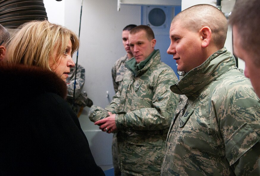 140121-F-JW079-181 Secretary of the Air Force Deborah Lee James listens as Tech. Sgt. Matthew O’Connor, 90th Missile Maintenance Squadron, briefs the job of a missile maintainer in Launch Facility Trainer Uniform-01 Jan. 21, 2014. James visited the 20th Air Force and 90th Missile Wing on F.E. Warren Air Force Base, Wyo., to learn about the Minuteman III weapon system and the Airmen who operate, maintain, secure and support it. (U.S. Air Force photo by R.J. Oriez)