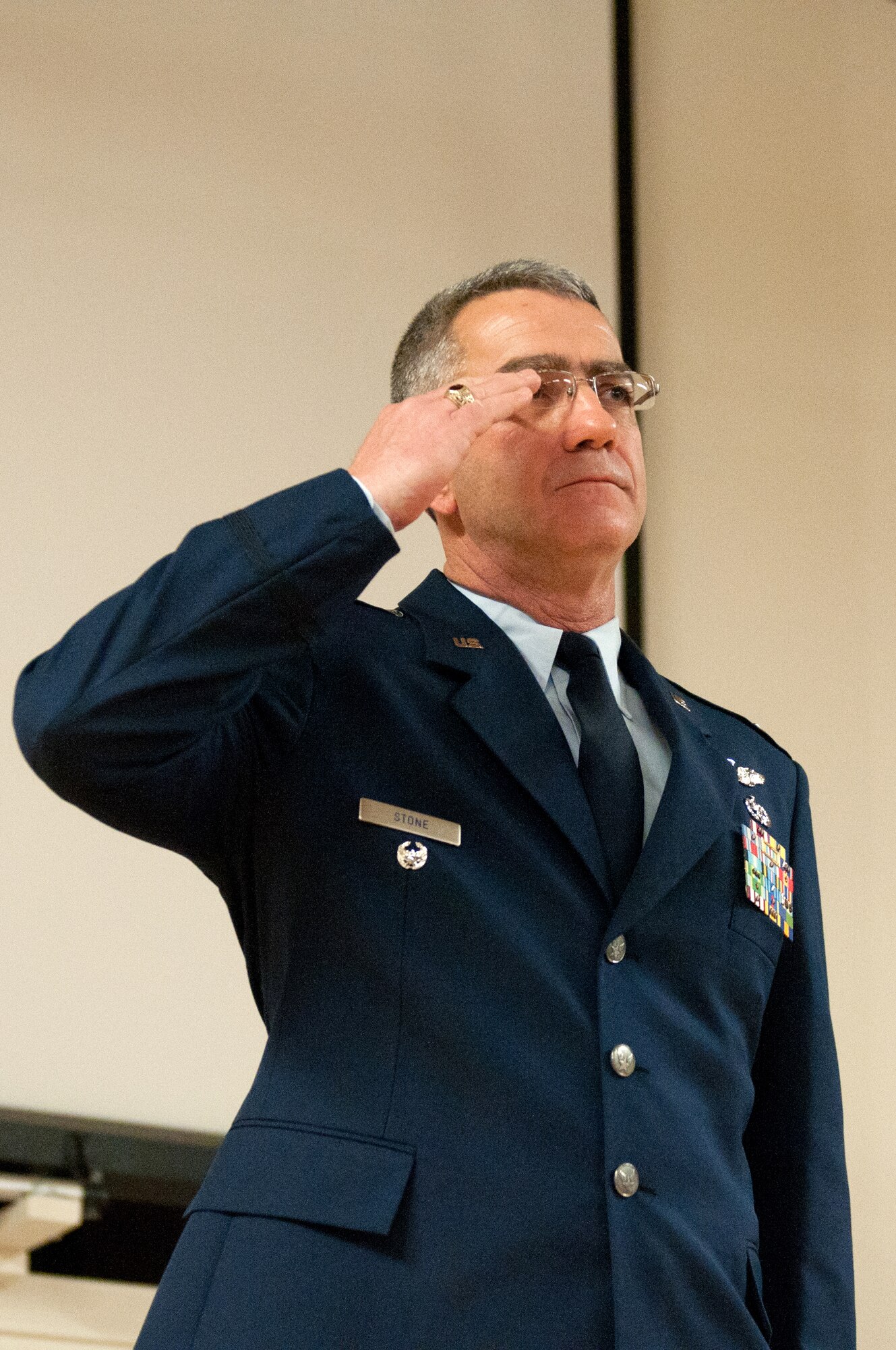 Lt. Col. Matt Stone receives his first salute as the new commander of the 123rd Mission Support Group during a change-of-command ceremony held at the Kentucky Air National Guard Base in Louisville, Ky., Jan. 11, 2014. Stone replaces Col. Jeffrey Peters, who is retiring from military service. (U.S. Air National Guard photo by Airman 1st Class Joshua Horton))