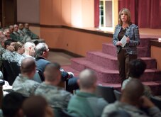 140121-F-JW079-050 Secretary of the Air Force Deborah Lee James speaks to Airmen of the 20th Air Force and the 90th Missile Wing during an all call in the base theater Jan. 21, 2014, on F.E. Warren Air Force Base, Wyo. (U.S. Air Force photo by R.J. Oriez)