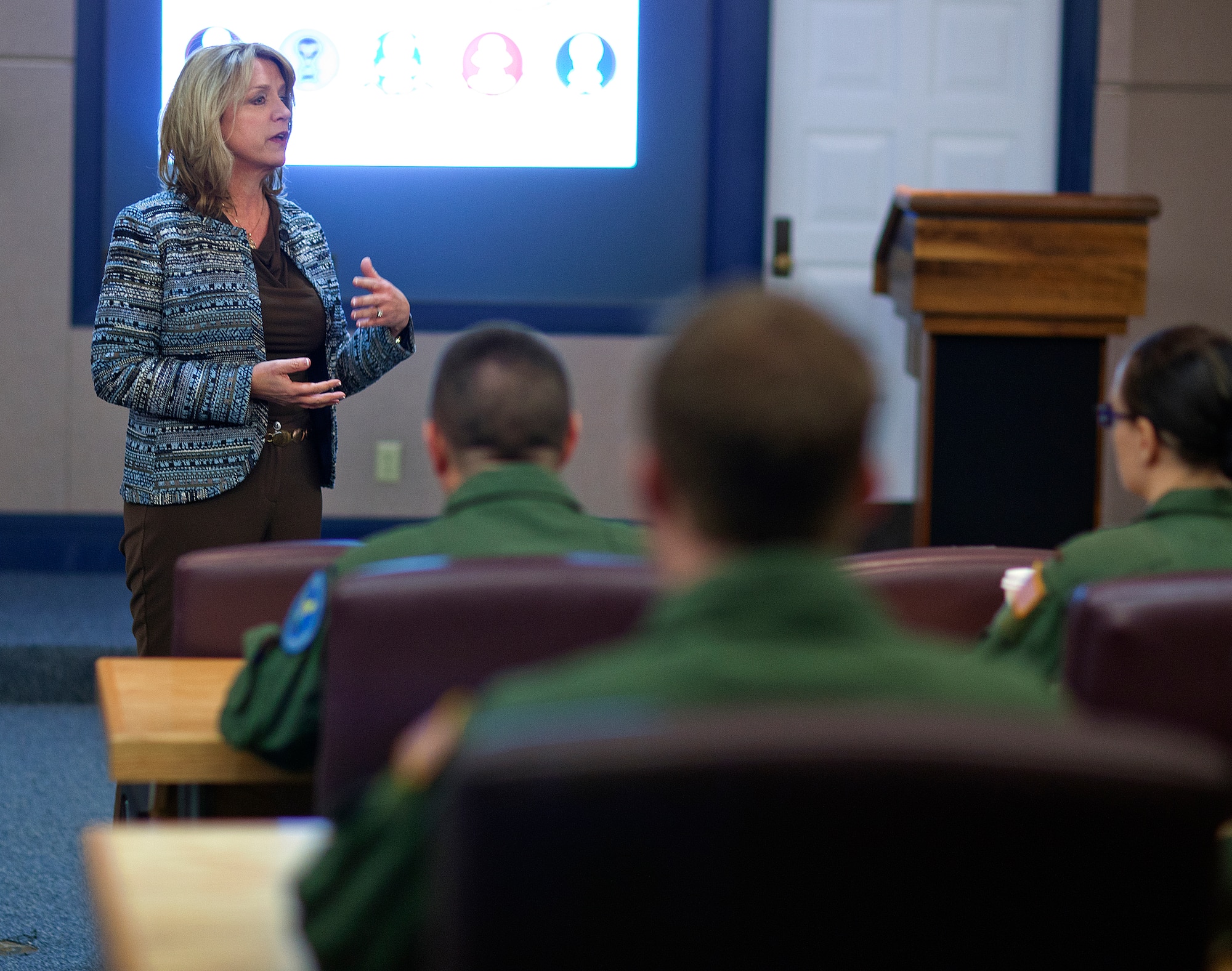 140121-F-JW079-031 Secretary of the Air Force Deborah Lee James speaks to missile combat crews of the 90th Operations Group prior to going on alert Jan. 21, 2014. James and Chief Master Sgt. of the Air Force James Cody visited the 20th Air Force and 90th Missile Wing on F.E. Warren Air Force Base, Wyo., to learn about the Minuteman III weapon system and the Airmen who operate, maintain, secure and support it. (U.S. Air Force photo by R.J. Oriez)
