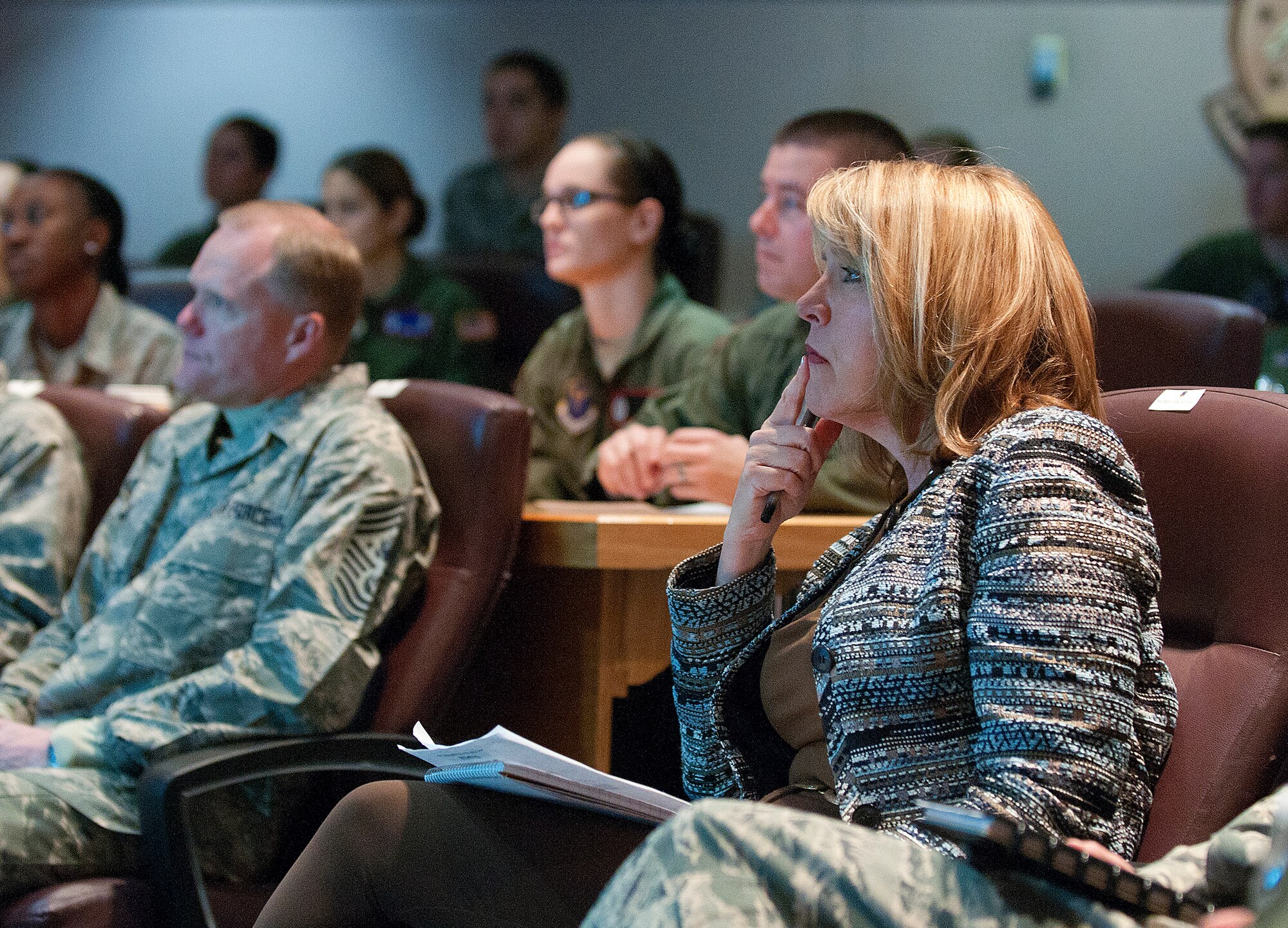 40121-F-JW079-025
Secretary of the Air Force Deborah Lee James listens to the 90th Operations Group’s pre-departure brief given to missile combat crews prior to going on alert Jan. 21, 2014. James and Chief Master Sgt. of the Air Force James Cody visited the 20th Air Force and 90th Missile Wing on F.E. Warren Air Force Base, Wyo., to learn about the Minuteman III weapon system and the Airmen who operate, maintain, secure and support it. (U.S. Air Force photo by R.J. Oriez)
