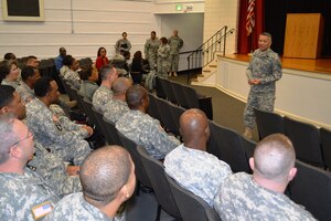 Major Gen. M. Ted Wong, U.S. Army Northern Regional Medical Command commander, met with Soldiers and leadership from Community Based Warrior Transition Unit-Virginia during a visit to Virginia Beach, Jan. 16, 2014.  Wong held an open-floor discussion to address any concerns of the Service members.  (Courtesy Photo/Released)
