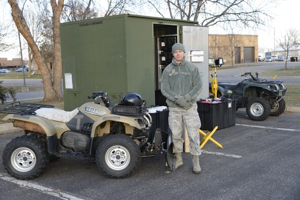 Staff Sgt. Brandan Dahl, 133rd Security Forces Squadron, provides a presentation on the civil disturbance package maintained for response to the local community, when requested by the state. 
(U.S. Air National Guard photo by Tech. Sgt. Lynette Olivares/Released)
