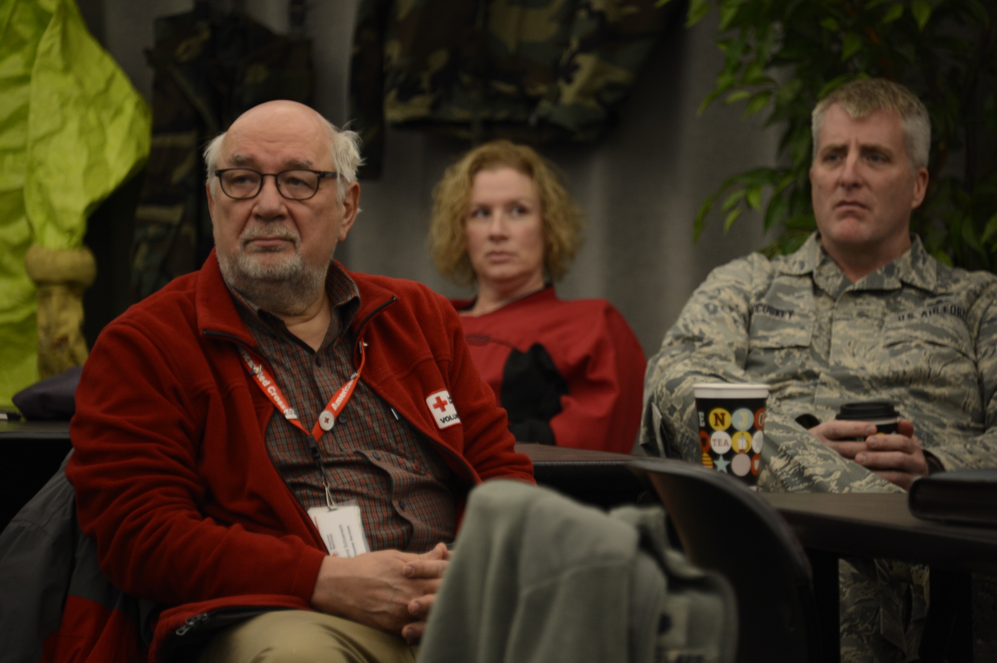 Dave Schoeneck, government liaison for the Red Cross, Lucy Angelis, Ramsey county emergency management representative and Senior Master Sgt. Kelvin McCuskey, 148th Fighter Wing installation emergency manager were just a few of the local agencies that attended the open house at the 133rd Airlift Wing in Saint Paul, Minn.   
(U.S. Air National Guard photo by Tech. Sgt. Lynette Olivares/Released)
