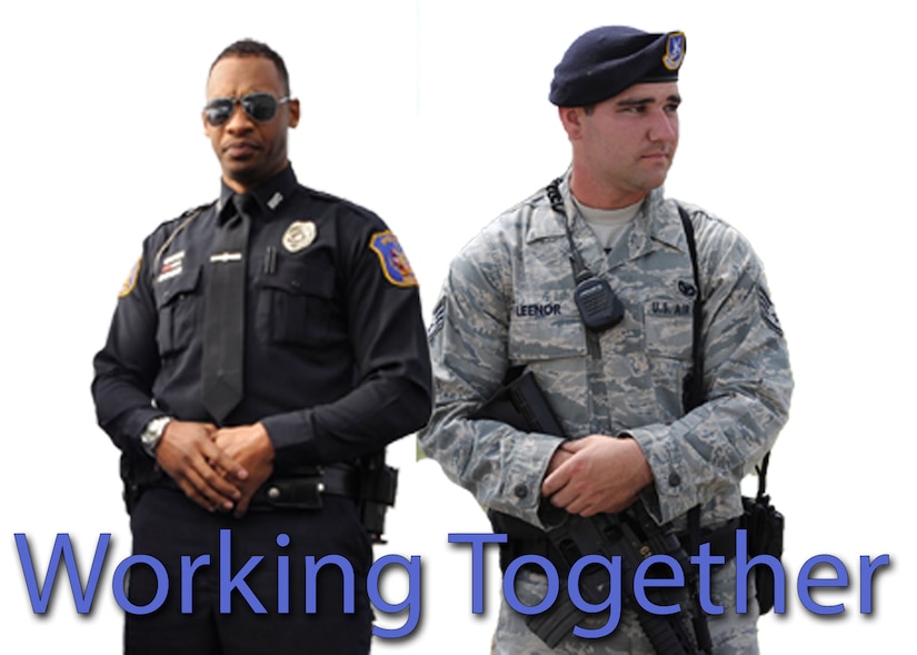 Members of the 633rd Security Forces Squadron and city of Hampton police department work together to ensure the citizens around Langley have a safe place to live, work and play. To accomplish this, they perform regular joint training to ensure the proper support is available when needed. (U.S. Air Force graphic by Staff Sgt. Wesley Farnsworth/Released)  