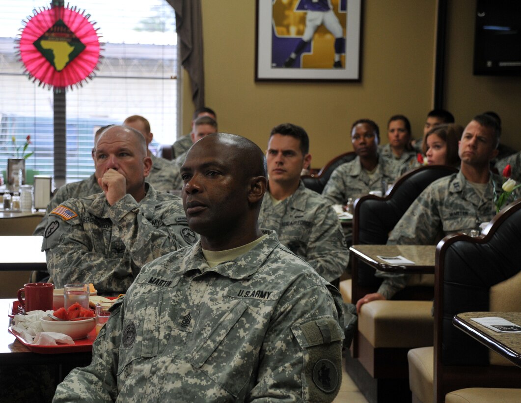 Members of Joint Task Force-Bravo attended a memorial breakfast in honor of Rev. Dr. Martin Luther King, Jr., at the Soto Cano Air Base Dining Facility, Jan. 21, 2013. Mr. James Watson, Director of Mission, U.S. Agency for International Development, served as the guest speaker for the event and discussed Dr. King’s legacy and his lasting impact. During the memorial breakfast, members viewed a video of Dr. King’s “I Have a Dream” speech, which was originally given by the great humanitarian leader in Washington, D.C., August 28, 1963. (Photo by Ana Fonseca)