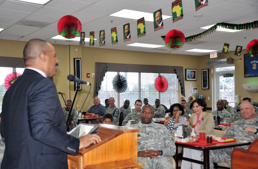Members of Joint Task Force-Bravo attended a memorial breakfast in honor of Rev. Dr. Martin Luther King, Jr., at the Soto Cano Air Base Dining Facility, Jan. 21, 2013. Mr. James Watson, Director of Mission, U.S. Agency for International Development, served as the guest speaker for the event and discussed Dr. King’s legacy and his lasting impact. During the memorial breakfast, members viewed a video of Dr. King’s “I Have a Dream” speech, which was originally given by the great humanitarian leader in Washington, D.C., August 28, 1963. (Photo by Ana Fonseca)