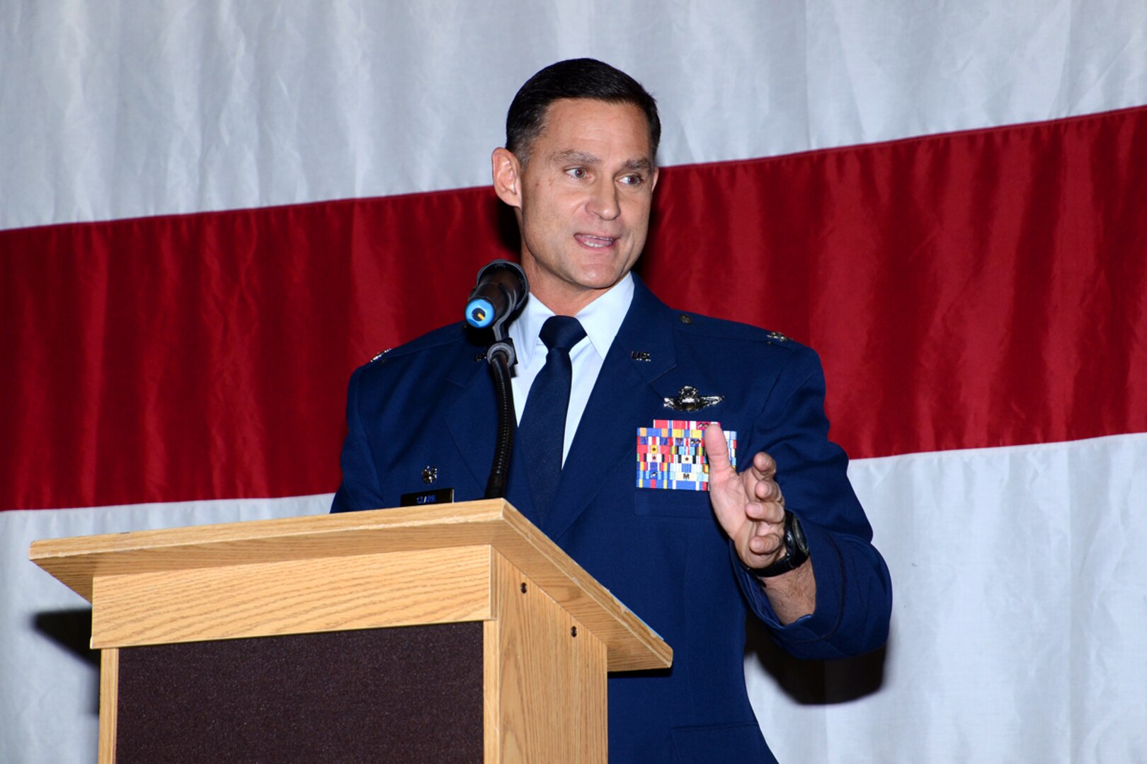 Col. Brett Clark assumes command of the 94th Airlift Wing during a ceremony presided by Brig. Gen. Curtis Williams, 22nd Air Force vice commander, Nov. 15. Clark will command the more than 2,500 reservists and civil service professionals in the 94th AW. The 94th AW flies and maintains C-130 aircraft while providing aeromedical evacuation and mission support to warfighting and humanitarian operations around the world. (U.S.Air Force photo/Brad Fallin)