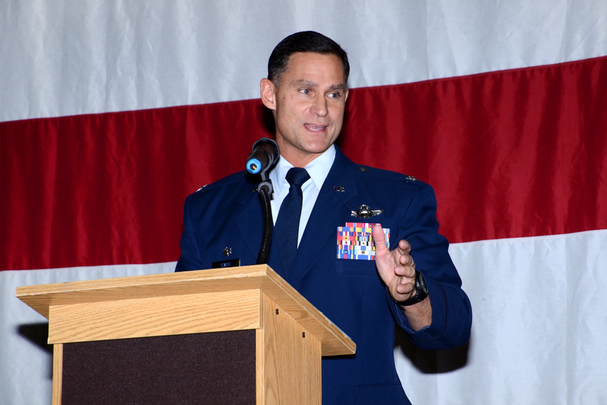 Col. Brett Clark assumes command of the 94th Airlift Wing during a ceremony presided by Brig. Gen. Curtis Williams, 22nd Air Force vice commander, Nov. 15. Clark will command the more than 2,500 reservists and civil service professionals in the 94th AW. The 94th AW flies and maintains C-130 aircraft while providing aeromedical evacuation and mission support to warfighting and humanitarian operations around the world. (U.S.Air Force photo/Brad Fallin)