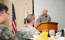 Chaplain (Maj. Gen.) Howard Stendahl, U.S. Air Force chief of chaplains, delivers his message to the Wolf Pack during the National Prayer Breakfast at Kunsan Air Base, Republic of Korea, Jan. 21, 2014. Stendahl spoke as the guest speaker during the annual National Prayer Breakfast with Kunsan being one of two NPBs that he is able to attend. (U.S. Air Force photo by Senior Airman Armando A. Schwier-Morales/Released)