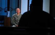 Chaplain (Maj. Gen.) Howard Stendahl, U.S. Air Force chief of chaplains, prepares to give an interview to the American Forces Network at Kunsan Air Base, Republic of Korea, Jan. 21, 2014. Stendahl spoke as the guest speaker during the annual National Prayer Breakfast with Kunsan being one of two NPBs that he is able to attend. (U.S. Air Force photo by Senior Airman Armando A. Schwier-Morales/Released)