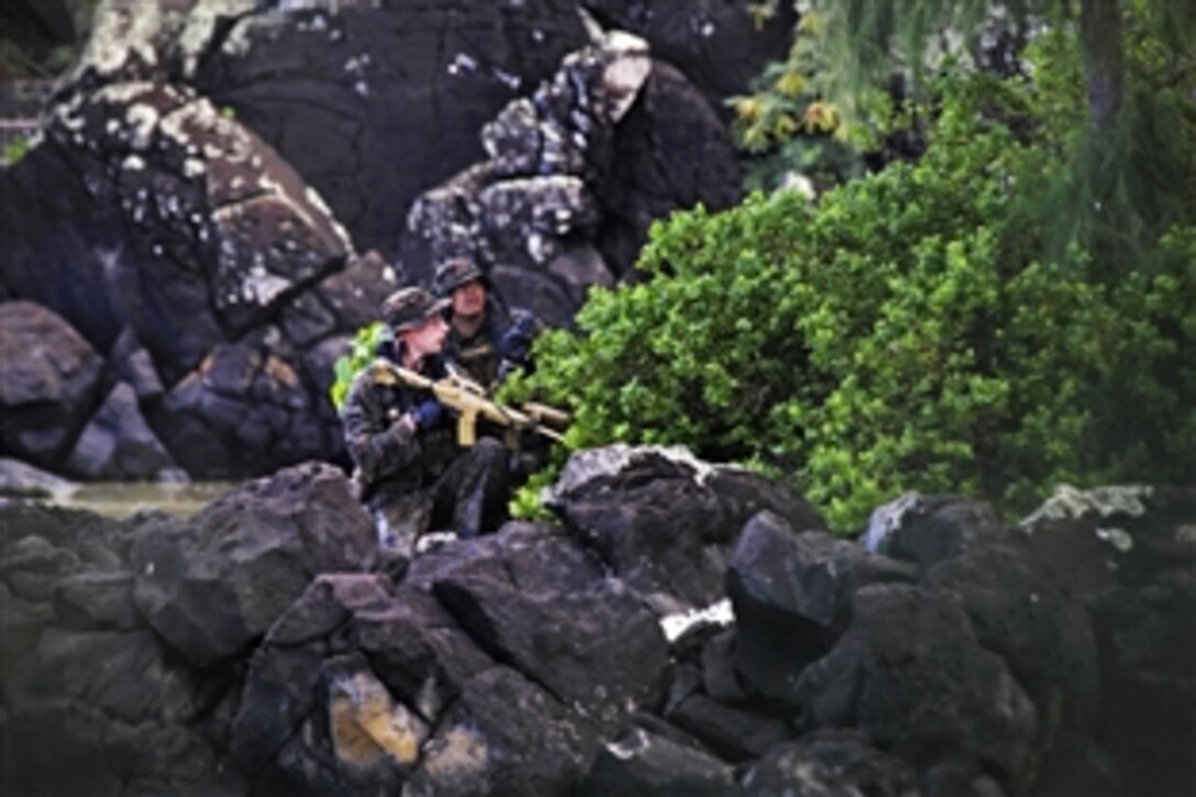 Marines conduct amphibious operations during Exercise Sandfisher on Marine Corps Base Hawaii, Jan. 17, 2014. The exercise provides an opportunity for the Okinawa-based Marines to train for underwater navigation, small boat operations, high-altitude high-opening parachuting, combatant diving and ground reconnaissance tactics. The Marine are assigned to the 3rd Marine Divisions 3rd Reconnaissance Battalion.