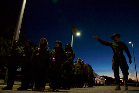 A Drill Instructor with Recruit Training Regiment, Marine Corps Recruit Deport Parris Island, S.C., welcomes a group of 20 high school educators from south Florida and Puerto Rico Jan. 15, 2014. Each year, hundreds of high school educators participate in the Marine Corps’ Educator’s Workshop to get a deeper understanding of how the Corps makes Marines. 