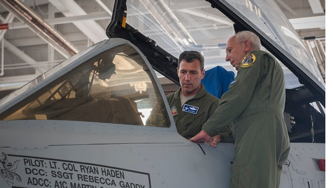 Lt. Col. Ryan Haden, left, 74th Fighter Squadron commander, shows his father, retired Col. Robert Haden, the inside of an A-10C Thunderbolt II cockpit at Moody Air Force Base, Ga., Oct. 31, 2013. Robert Haden was also an A-10 pilot during his 28 years in the Air Force. (U.S. Air Force photo by Airman 1st Class Alexis Millican)