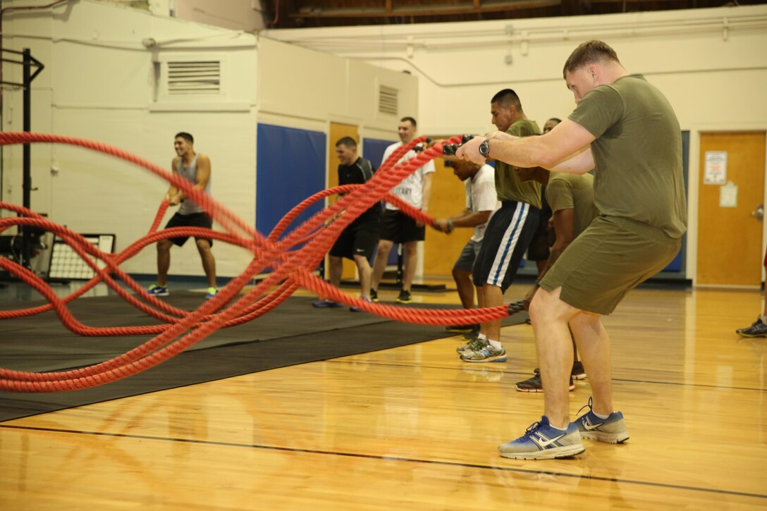 Marines use wave ropes at Marine Corps Air Station Cherry Point's Marine Dome during a High Intensity Tactical Training class Jan. 15. Semper Fit began renovations at the HITT center in mid-January, temporarily relocating HITT classes to the Marine Dome until after renovations end in early May.