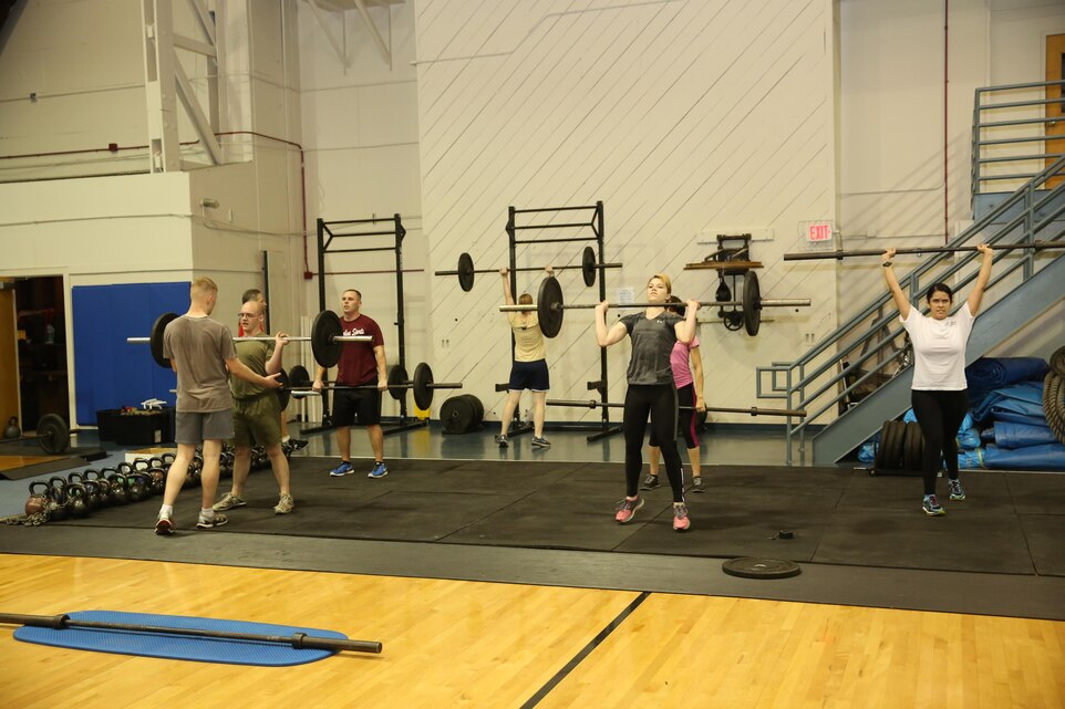 Marines lift weights during a High Intensity Tactical Training class Jan. 15 at the Marine Dome aboard Marine Corps Air Station Cherry Point. Semper Fit began renovations at the HITT center in mid-January, temporarily relocating HITT classes to the Marine Dome until early May.