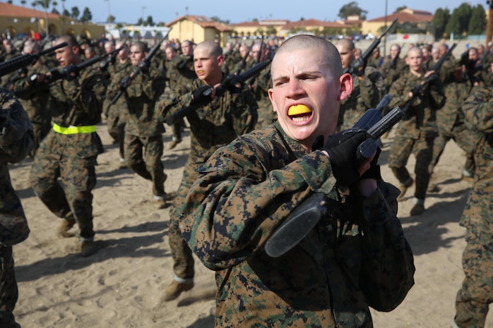 Recruit Leon R. Agosto of Company I, 3rd Recruit Training Battalion, practices the vertical butt stroke technique. The vertical
butt stroke is one of many techniques applied during the Bayonet Assault Course such as: vertical and horizontal slash,
disrupt, combat glide, horizontal butt stroke, and offensive and defensive weapon maneuvers.