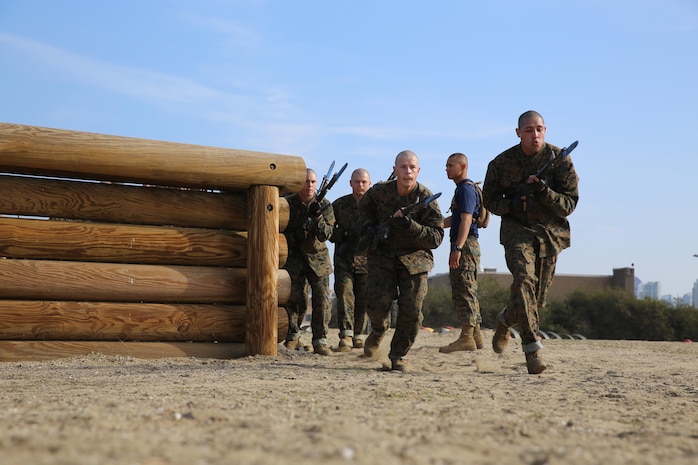 Recruits of Company I, 3rd Recruit Training Battalion, take charge with their bayonets attached. Although trench fighting is mostly outdated, Marines learn positive control of their rifle.