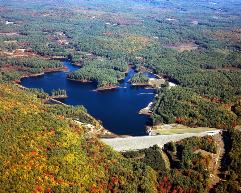 Aerial view of the U.S. Army Corps of Engineer's Everett Dam, a flood control project on the Piscataquog River which enters the Merrimack River at Manchester, New Hampshire. (U.S. Army Corps of Engineers photo)
