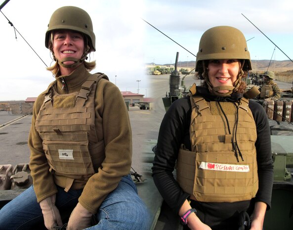Dr. Rebecca Jaworski (left) and Mackie Jordan sit atop a Light Armored Vehicle before their late November embedment with the 1st Light Armored Reconnaissance battalion outside of Ft. Irwin, Ca.  As members of Marine Corps Systems Command’s Individual Armor Team, Jaworksi, a biomedical engineer, and Jordan, an engineer, conducted surveys of the Modular Scalable Vest prototype with Marines in the field.
