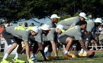 Team Sanders offensive football players line up in formation during an Official National Football League Pro Bowl Practice on Earhart Field at Joint Base Pearl Harbor-Hickam, Hawaii, Jan. 23, 2014. The players were at JBPHH to practice for the Pro Bowl football game at Aloha Stadium in Honolulu, Hawaii, Jan. 26. Joint Base community members, many wearing their favorite NFL gear, lined the field sidelines to get a glimpse of their favorite player(s). (U.S. Air Force photo/Staff Sgt. Alexander Martinez)