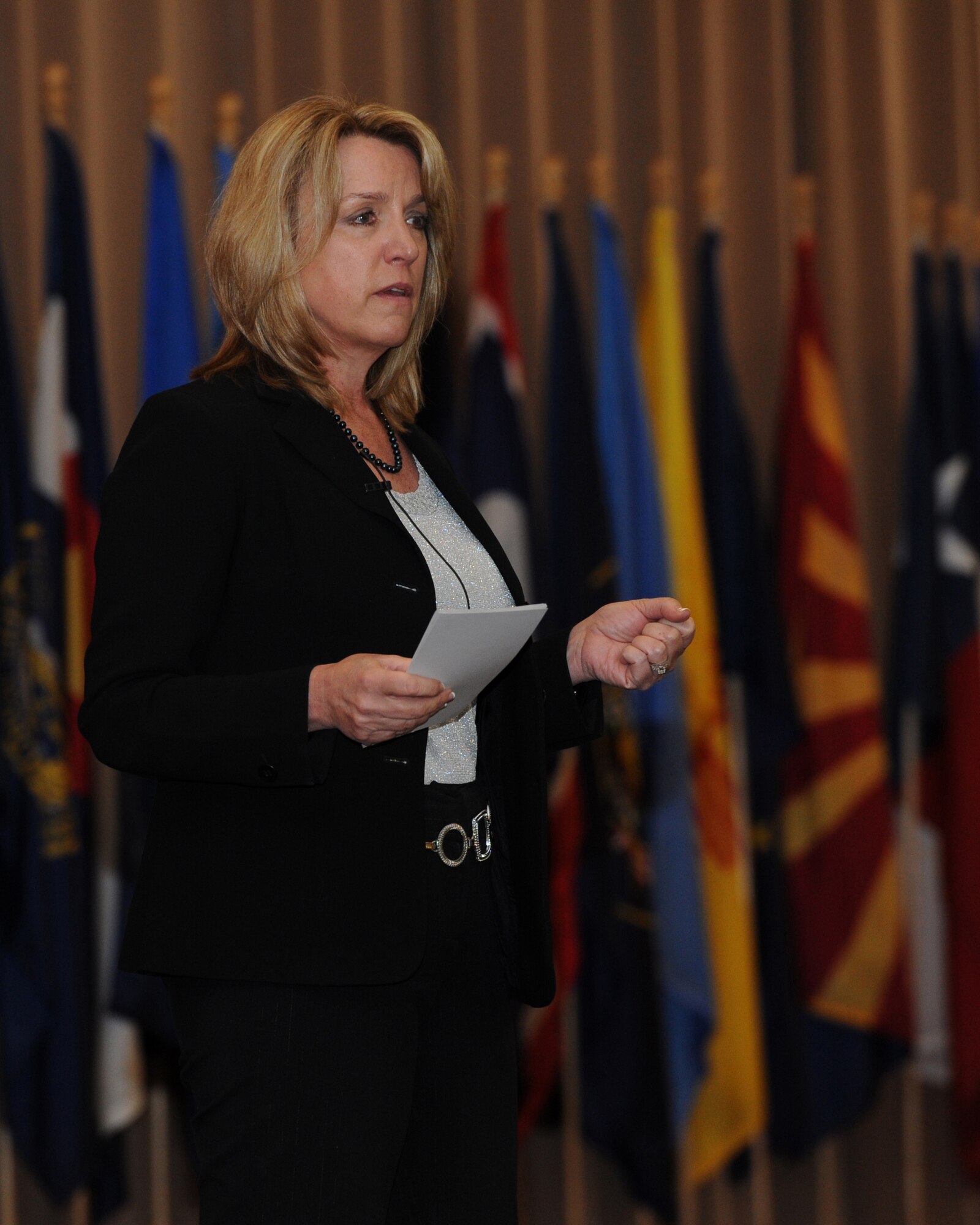 Secretary of the Air Force Deborah Lee James speaks to Airmen during an All Call at Barksdale Air Force Base, La. Jan. 23, 2014. James visited Barksdale AFB to meet with Airmen to stress the importance of the nuclear mission and their role in it. (U.S. Air Force photo/Airman 1st Class Jannelle Dickey)
