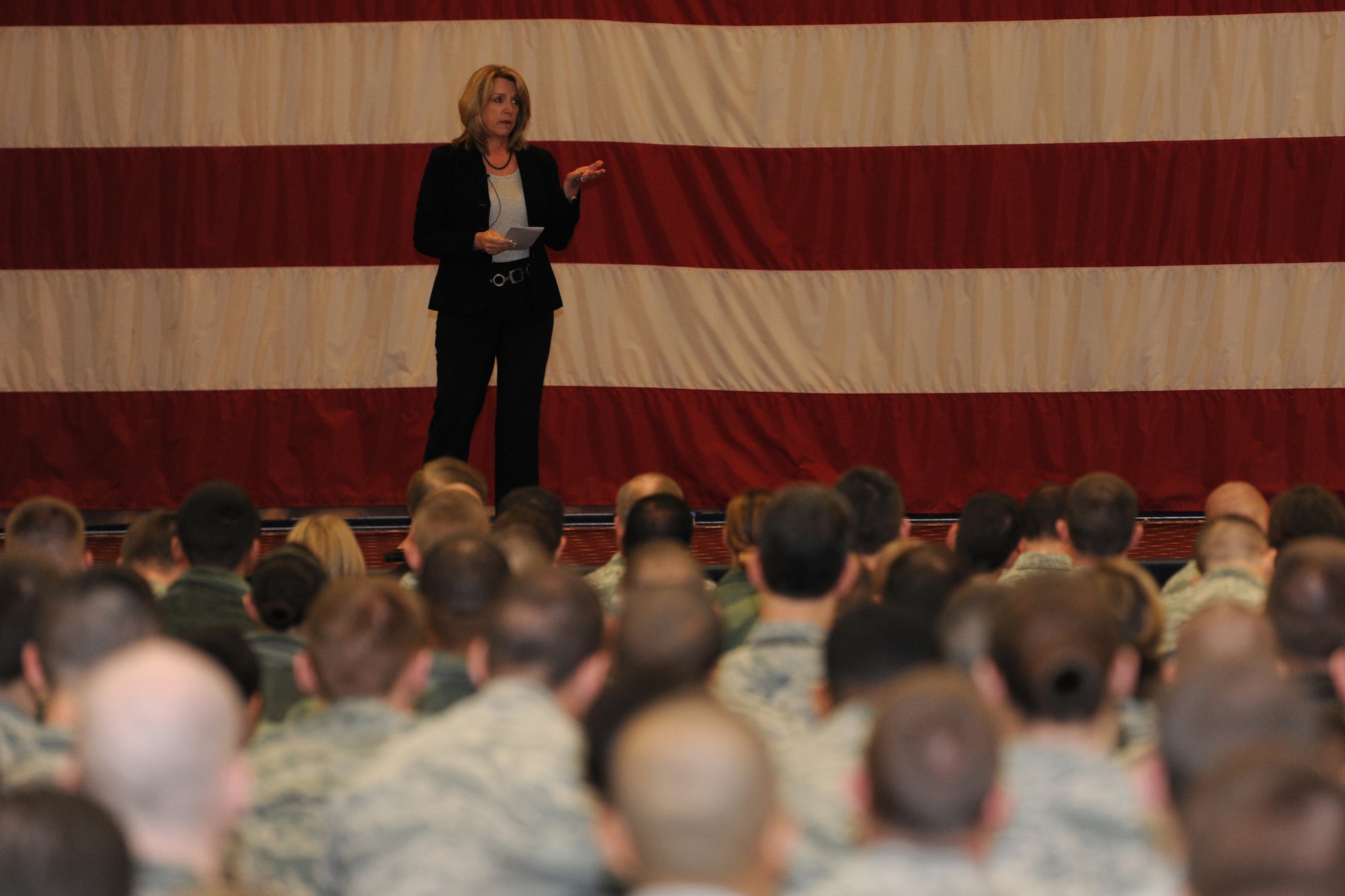 Secretary of the Air Force Deborah Lee James answers questions during an All Call at Barksdale Air Force Base, La. Jan. 23, 2014. James discussed topics including force management and morale. 
(U.S. Air Force photo/Airman 1st Class Jannelle Dickey)