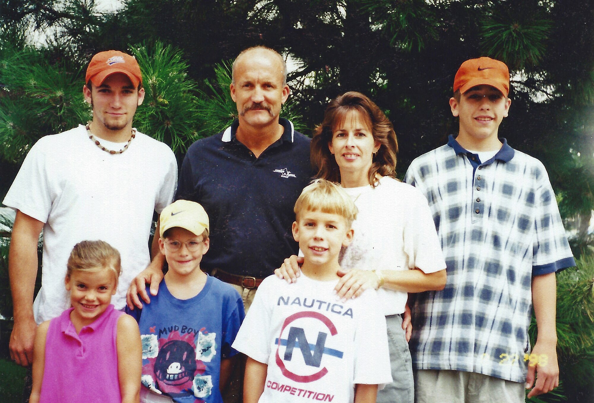 Chief Master Sgt. Paul Koester, the oldest active-duty chief, and members of his family in a 1988 photo while in Chicago, Illinois.   His son Nick (top row left), Chief Koester, wife Stacey, son Chris and daughter Erin (bottom left), sons Zach and Ryan.  “I couldn’t be more proud of my five children. They and my wife are the driving force behind all that I’ve been lucky enough to accomplish and experience. I’ve been extremely blessed as far as family, including my Air Force family.” (Courtesy photo)