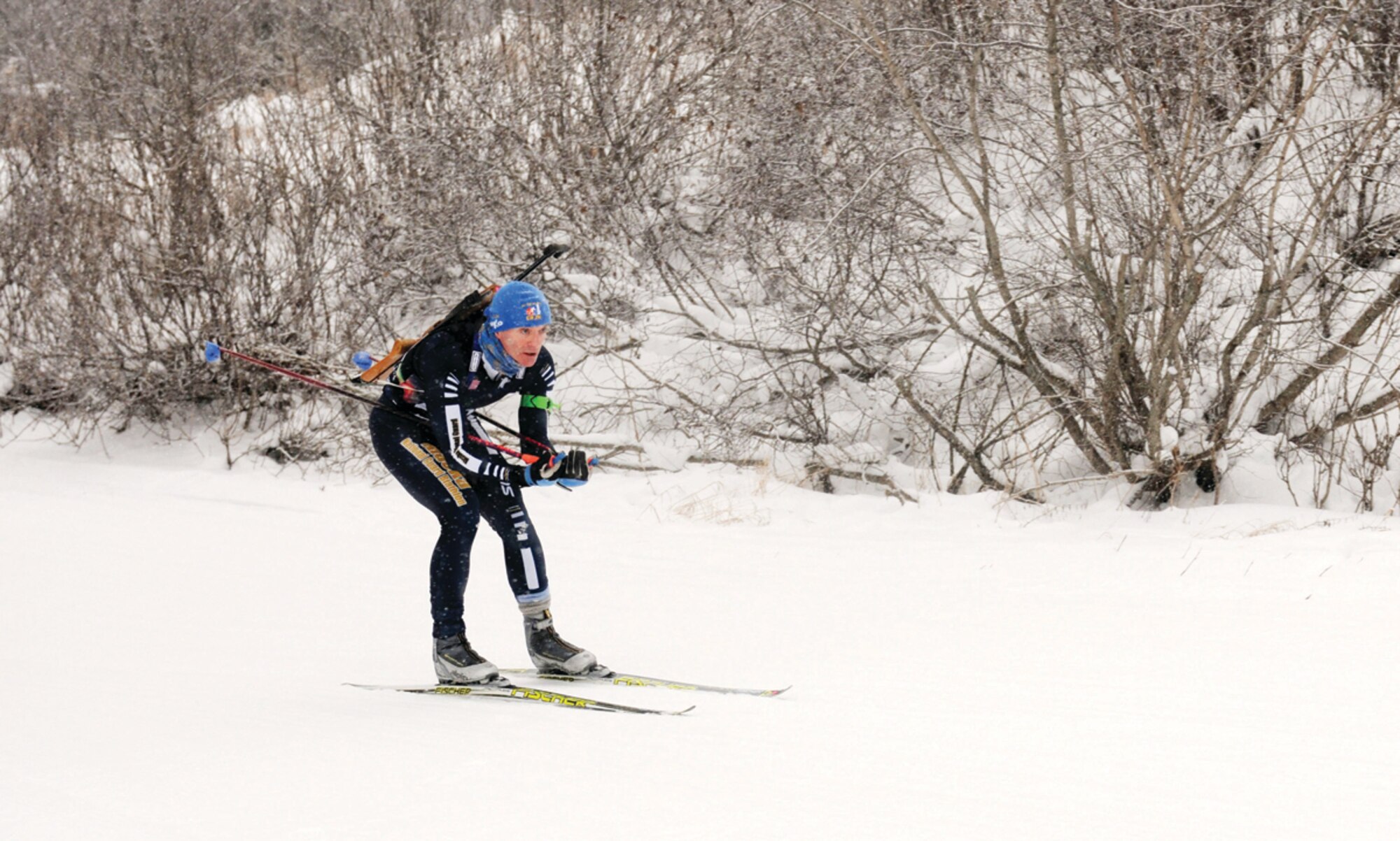 Lt. Col. Stephen Wilson, deputy director of the current operations office, Joint Forces Headquarters, Alaska Army National Guard, skis during the pursuit competition of the National Guard Bureau’s Western Regional Biathlon at Kincaid Park in Anchorage Jan. 12. (Alaska Army National Guard photo/Sgt. Michelle Brown)