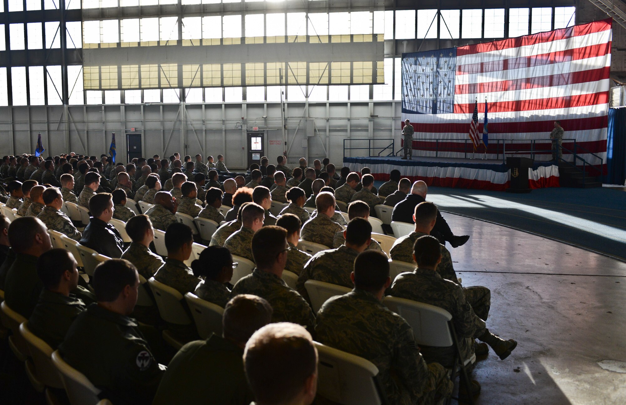 Col. Kevin Kennedy, 28th Bomb Wing commander, hosted two commander’s calls for all Ellsworth Airmen in the Pride Hangar at Ellsworth Air Force Base, S.D., Jan. 15, 2014. Kennedy commended the Airmen for contributing in a world class way to the mission of the wing and the Air Force. (U.S. Air Force photo by Senior Airman Zachary Hada/Released)