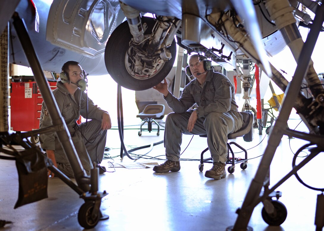 Master Sgt. Mark Close and Tech. Sgt. Kenneth Caldwell, crew chiefs from the 180th Fighter Wing, repair the landing gear of an F-16 Fighting Falcon at Joint Reserve Base New Orleans, New Orleans, La.  Jan. 16, 2014.  The 180th Fighter Wing is currently participating in a training exercise with F-15 Screaming Eagles from the 159th FW, New Orleans Air National Guard.  The purpose of this training is to aid pilots in maintaining familiarity with capabilities of different fighter aircraft.  The 180th’s F-16s are a multi-role aircraft whereas the F-15s conduct mainly air-to-air missions. (Ohio Air National Guard photo by Staff Sgt. Amber Williams/Released)