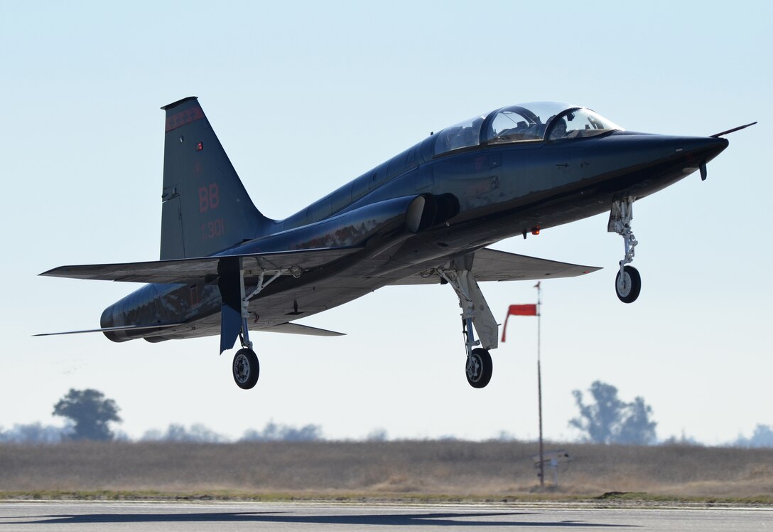A T-38 Talon takes flight at Beale Air Force Base, Calif., Jan. 22, 2014. The Talon is a high altitude supersonic jet trainer used in a variety of roles because of its design, economy of operations, ease of maintenance, high performance and exceptional safety record. (U.S. Air Force photo by Airman 1st Class Bobby Cummings/Released)