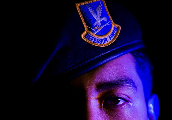 Airman 1st Class Trey Weston, 628th Security Forces Squadron entry controller to search. Weston performed night patrol where he manned the gate, set-up radar check points and building security checks. (U.S. Air Force photo/ Senior Airman Dennis Sloan). 