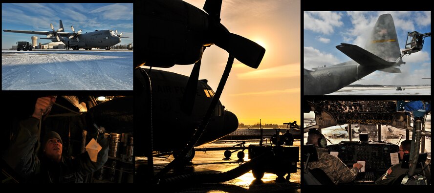 A C-130 Hercules is prepared for a tactical drop training flight by members of the 911th Aircraft Maintenance Squadron, the 911th Operations Support Squadron and the 758th Airlift Squadron during subzero weather at Pittsburgh International Airport Air Reserve Station, Jan. 22, 2014. During the winter months, aircraft must go through many steps before it is ready to fly. These steps include being towed from their parked location to a de-icing pad, heating the engines to ensure the propellers aren’t frozen in place, and then the normal preflight inspections and equipment loading. (U.S. Air Force illustration photo by Senior Airman Joshua J. Seybert)