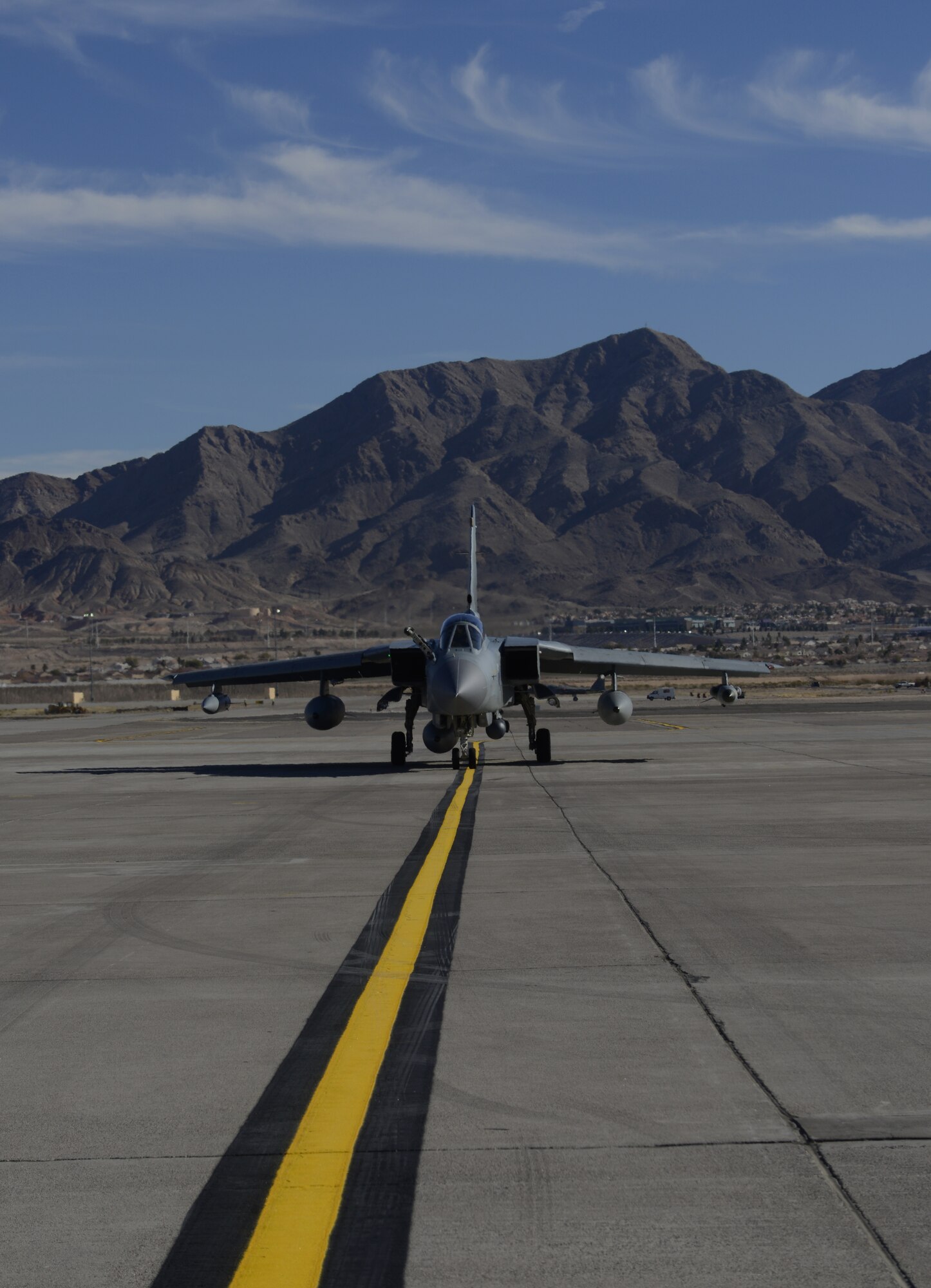 A British Royal Air Force Tornado GR4 taxis on the runway upon its arrival at Nellis Air Force Base, Nev., Jan. 22, 2013. The IX (B) Squadron recently deployed to the Gulf in 2003 to take part in Operation Telic, the United Kingdom's contribution to Operation Iraqi Freedom. (U.S. Air Force photo by Senior Airman Benjamin Sutton/Released)