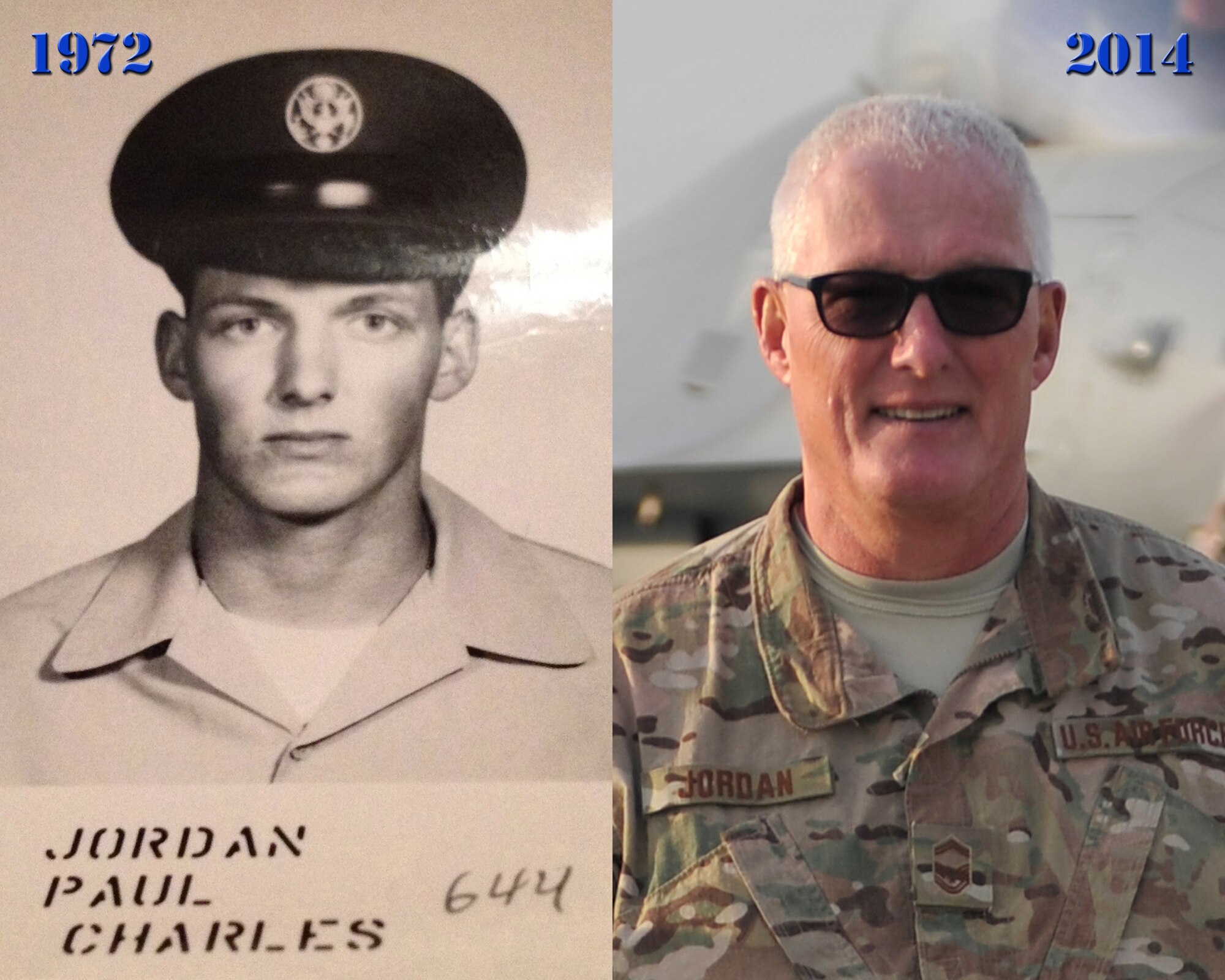 U.S. Air Force member Paul Jordan as an Airman Basic in 1972 and a Senior Master Sgt. in 2014. Jordan is a native of Butler, Pa, and currently deployed out of Carswell Joint Reserve Base in Fort Worth, Texas to Bagram Airfield, Afghanistan. He will be retiring this year after 42 years of service. (U.S. Air Force graphic by Senior Master Sgt. Gary J. Rihn/Released)