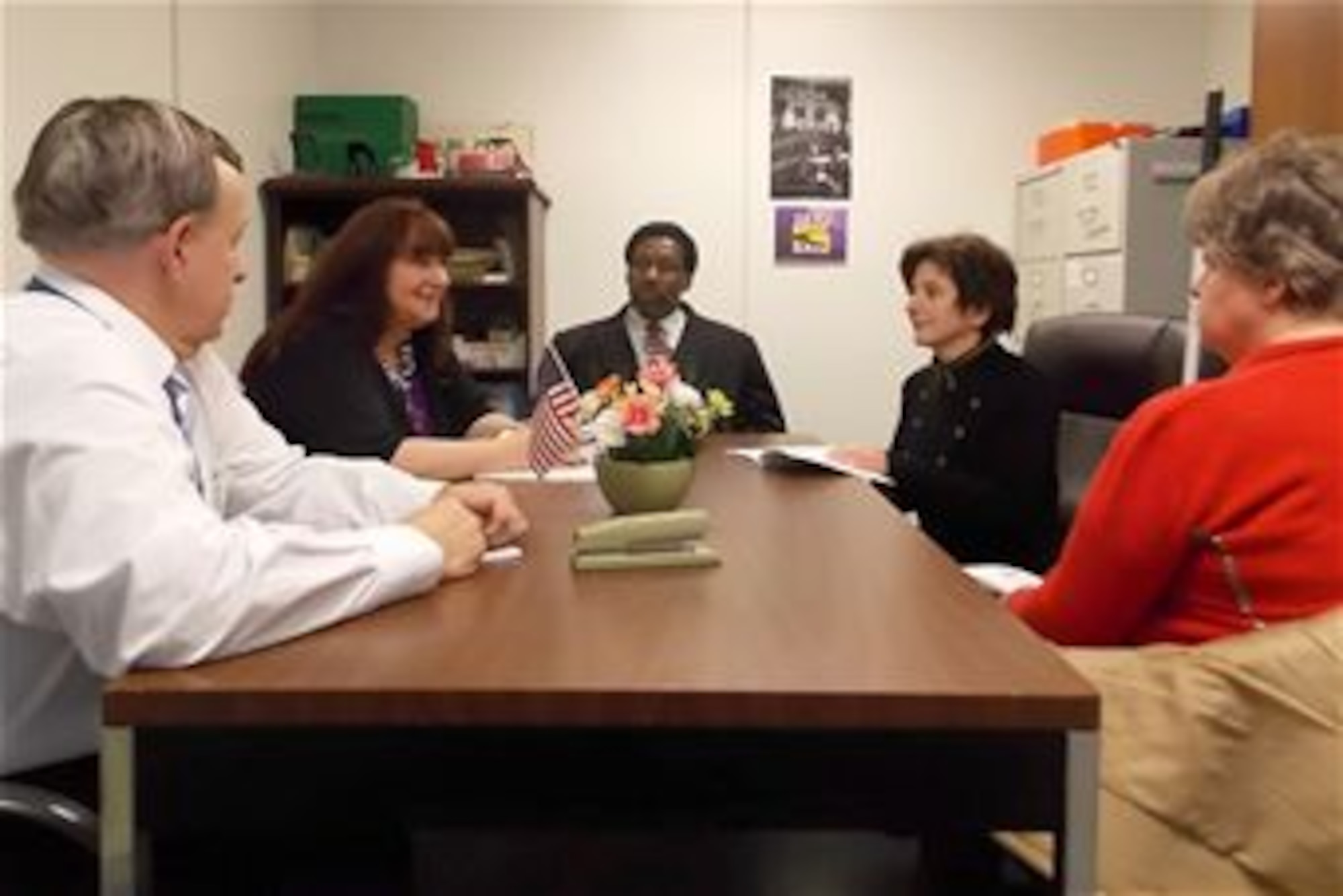 (left to right) Tom Siracusa, Italia Minchello, Haywood Hunter, Marla Levenson and Joanne Jordan meet to plan the year’s first National Association of Government Employees, or NAGE, Local R1-08 meeting scheduled for Jan. 28 at 11:45 a.m. at the Minuteman Commons. NAGE Local R1-08 represents a bargaining unit of more than 1,000 members who are non-supervisory wage grade employees and all non-supervisory, non-professional General Schedule employees serviced by the Central Civilian Personnel Office at Hanscom AFB. (Courtesy photo)