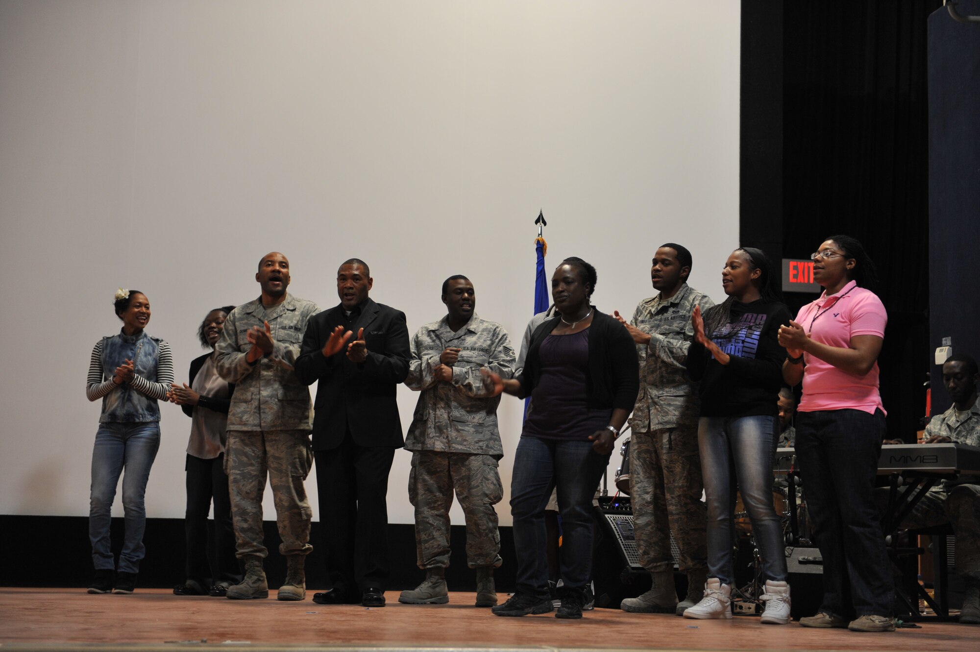 The Victory Chapel Gospel Service Choir sings during the Dr. Martin Luther King, Jr. observance ceremony at Al Udeid Air Base, Qatar, Jan. 20, 2014. The ceremony was attended by members of the 379th Air Expeditionary Wing and tenant units to celebrate and honor King’s lasting legacy. (U.S. Air Force photo by Master Sgt. David Miller)