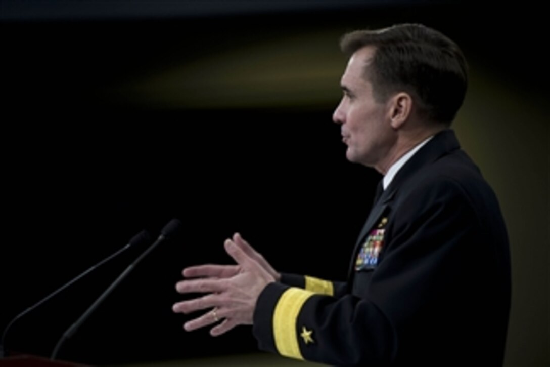 Pentagon Press Secretary Navy Adm. John Kirby briefs reporters at the Pentagon, Jan. 23, 2014. Kirby said Defense Secretary Chuck Hagel has directed a review of U.S. strategic nuclear deterrence forces and their ability to carry out their mission to ensure trust and confidence in the nation’s nuclear force. 