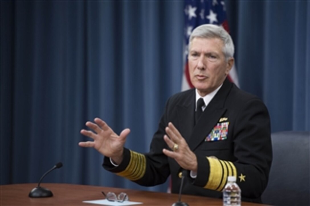 Navy Adm. Samuel J. Locklear III, commander of U.S. Pacific Command, conducts a press briefing at the Pentagon to discuss Pacom's progress in leading the Defense Department's Asia-Pacific rebalance, Jan. 23, 2014.