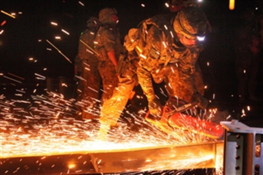 U.S. Army Sgt. 1st Class Thomas Stebbin cuts off a piece of an over bridge in the Gereshk district of Helmand province, Afghanistan, Jan. 16, 2014. Stebbin is assigned to the Missouri National Guard's 1438th Multi-Role Bridge Company. 